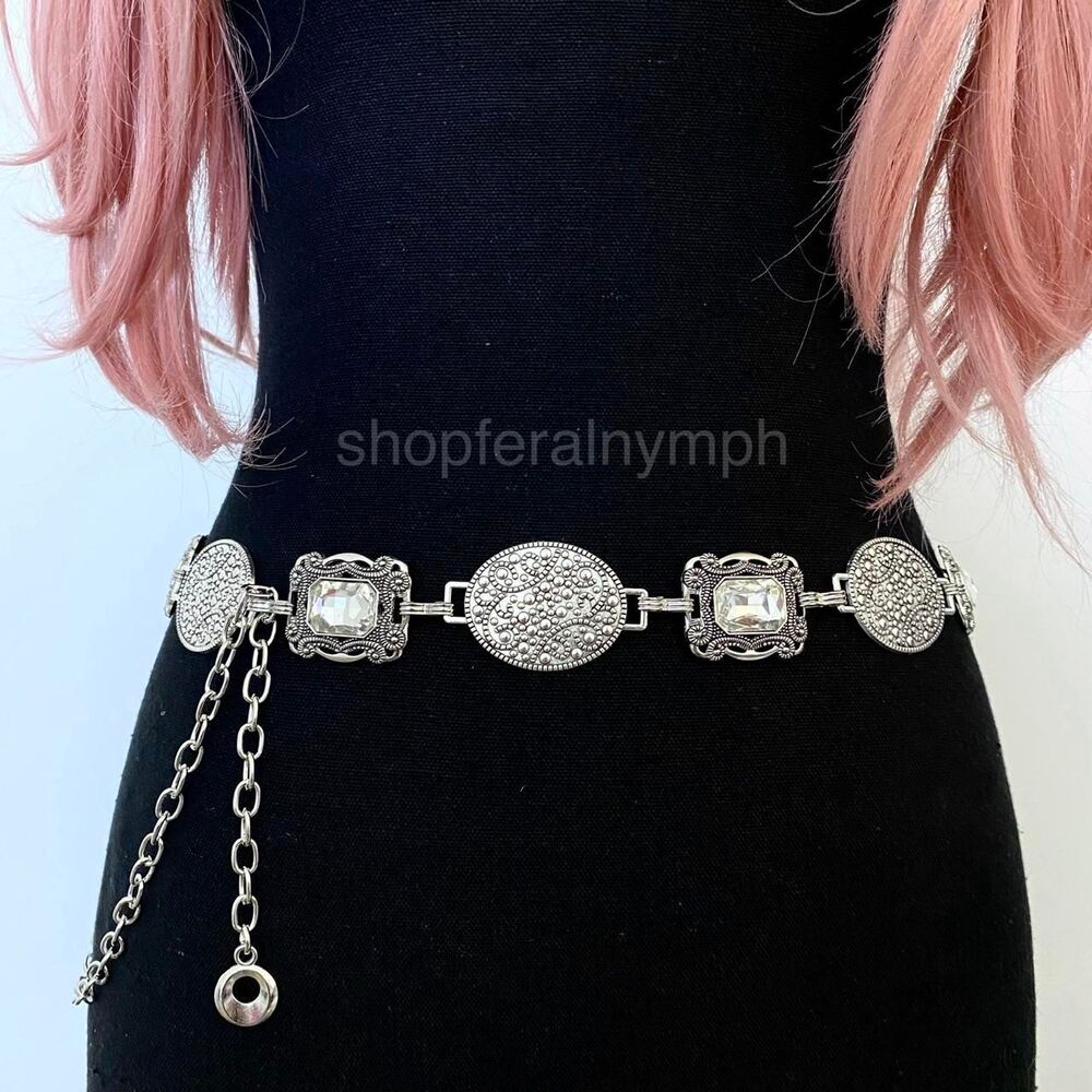 Silver Y2K Crystal Concho Medallion Chain Belt, Fits 24 to 46 Inches, X7GA1316